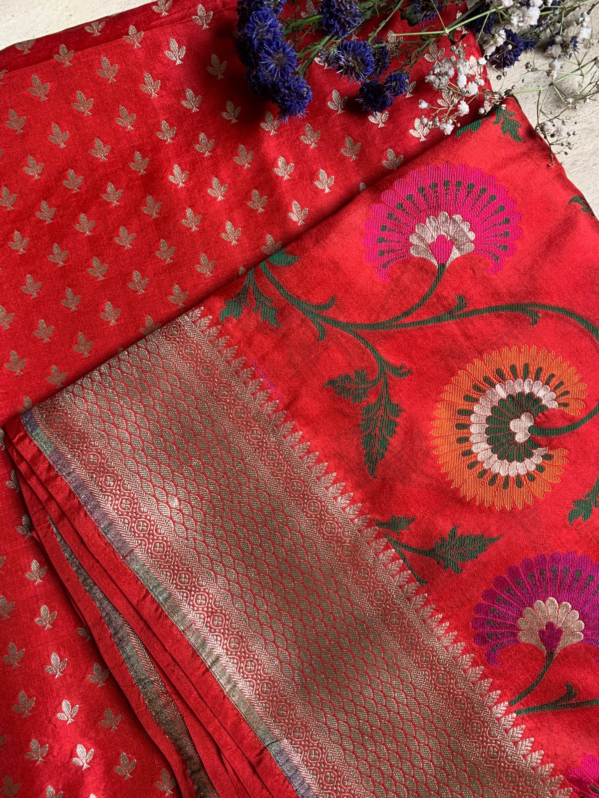 Kadhwa Katan Silk Meena Jaal Suit Sets — Red