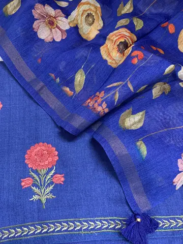 Moonga Silk Printed Embroidery Suit Set — Royal Blue